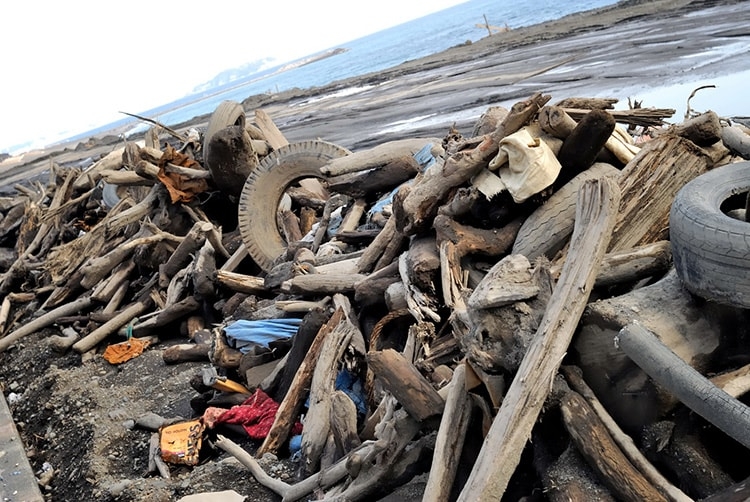 Piles of trash mixed with driftwood on Enoshima Beach