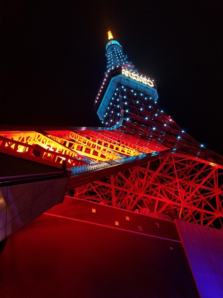 Tokyo Tower illuminated with the word “ARIGATO” or “Thank You”