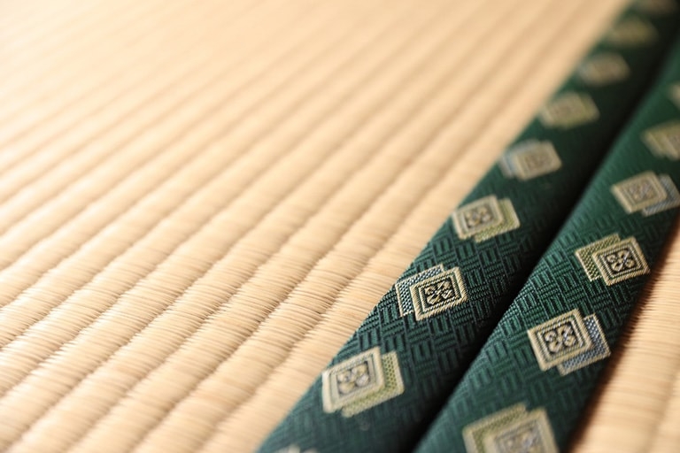 Close-up of a tatami-mat with tatami-beri lining