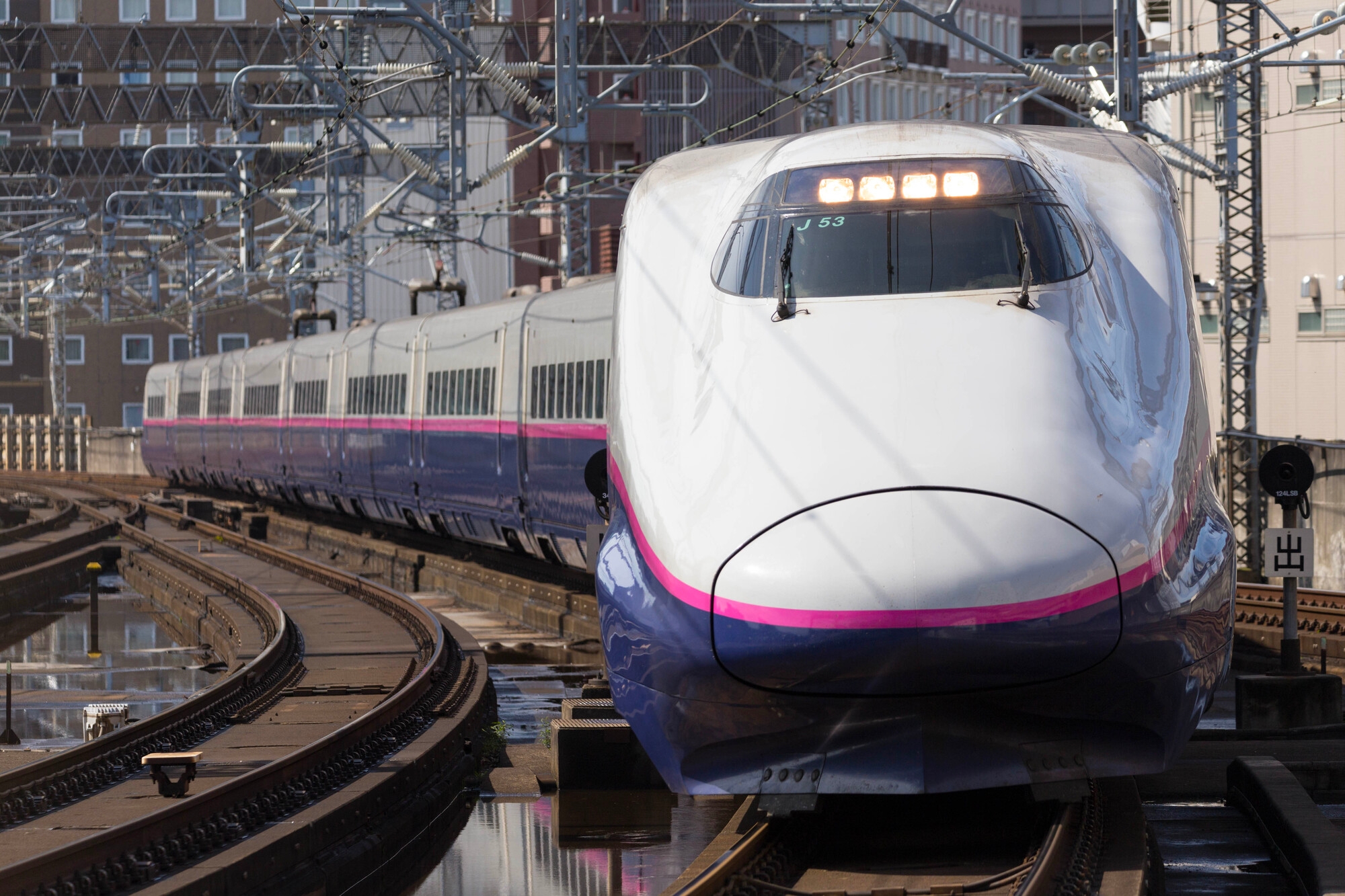 A Tohoku Shinkansen train passing through a city