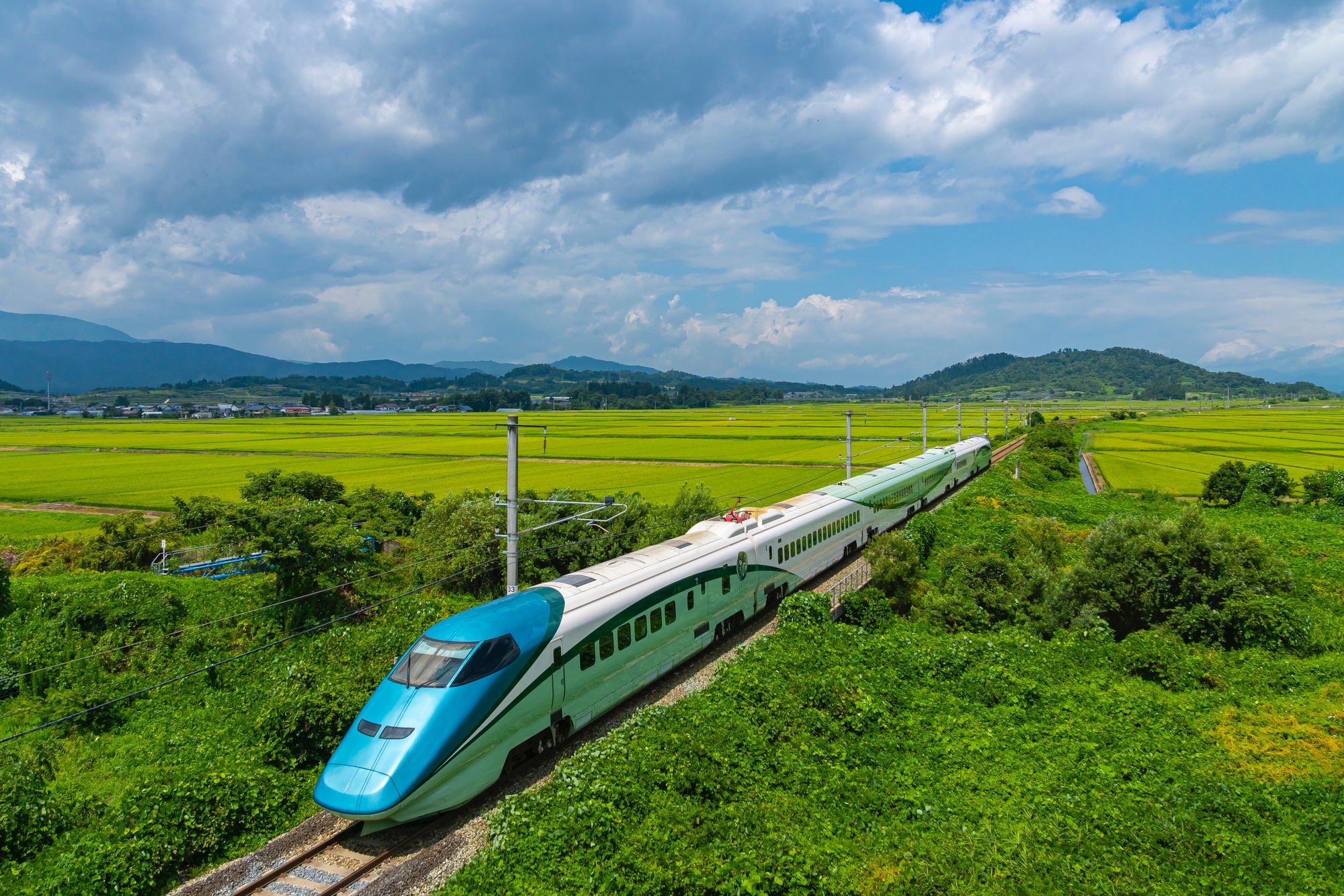 A Yamagata Shinkansen passes through rice fields