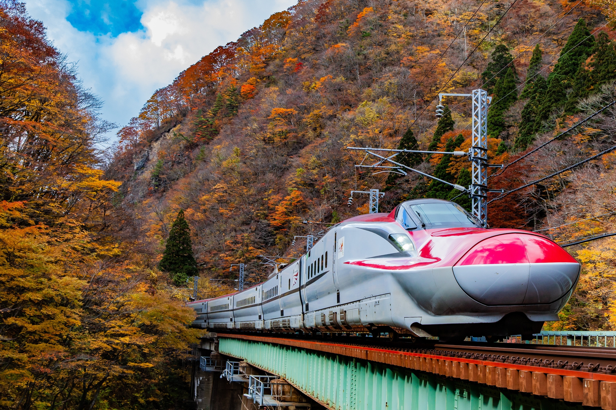 An Akita Shinkansen train passes through a valley of autumn trees