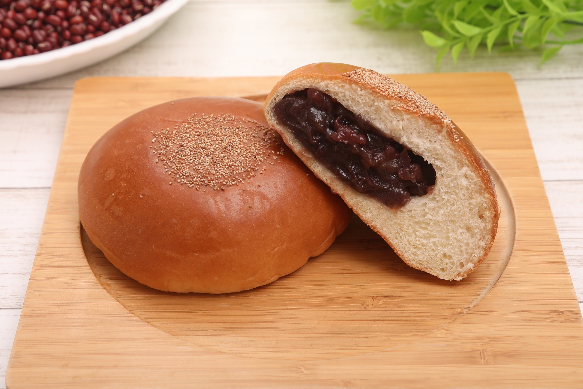 Baked buns filled with sweet anko bean paste