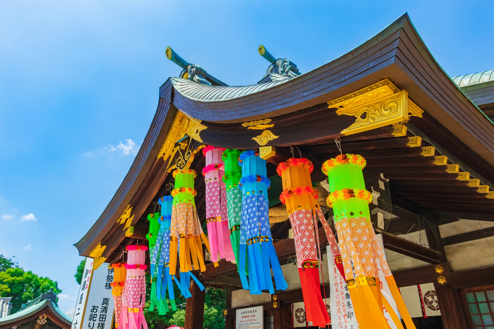 A temple decorated in streamers for Tanabata