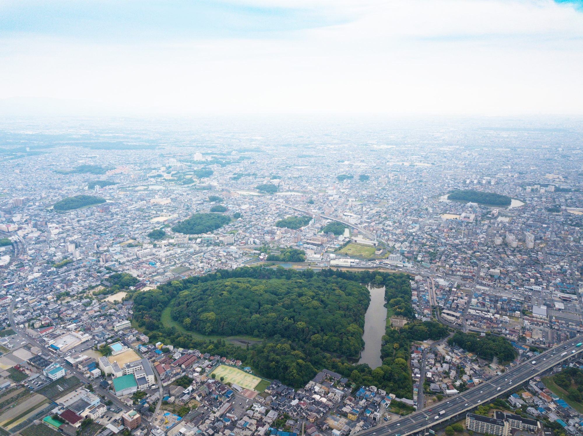 Aerial view of one of the Kofun burial mounds