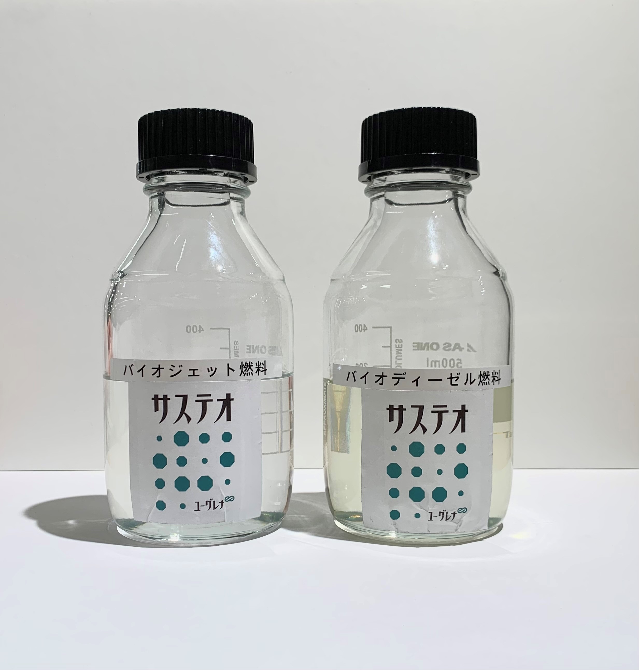 Two bottles of Euglena-based fuel