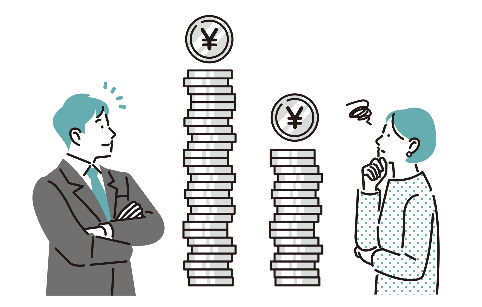 A graphic of a man and a woman looking at piles of money. The man's pile is higher.