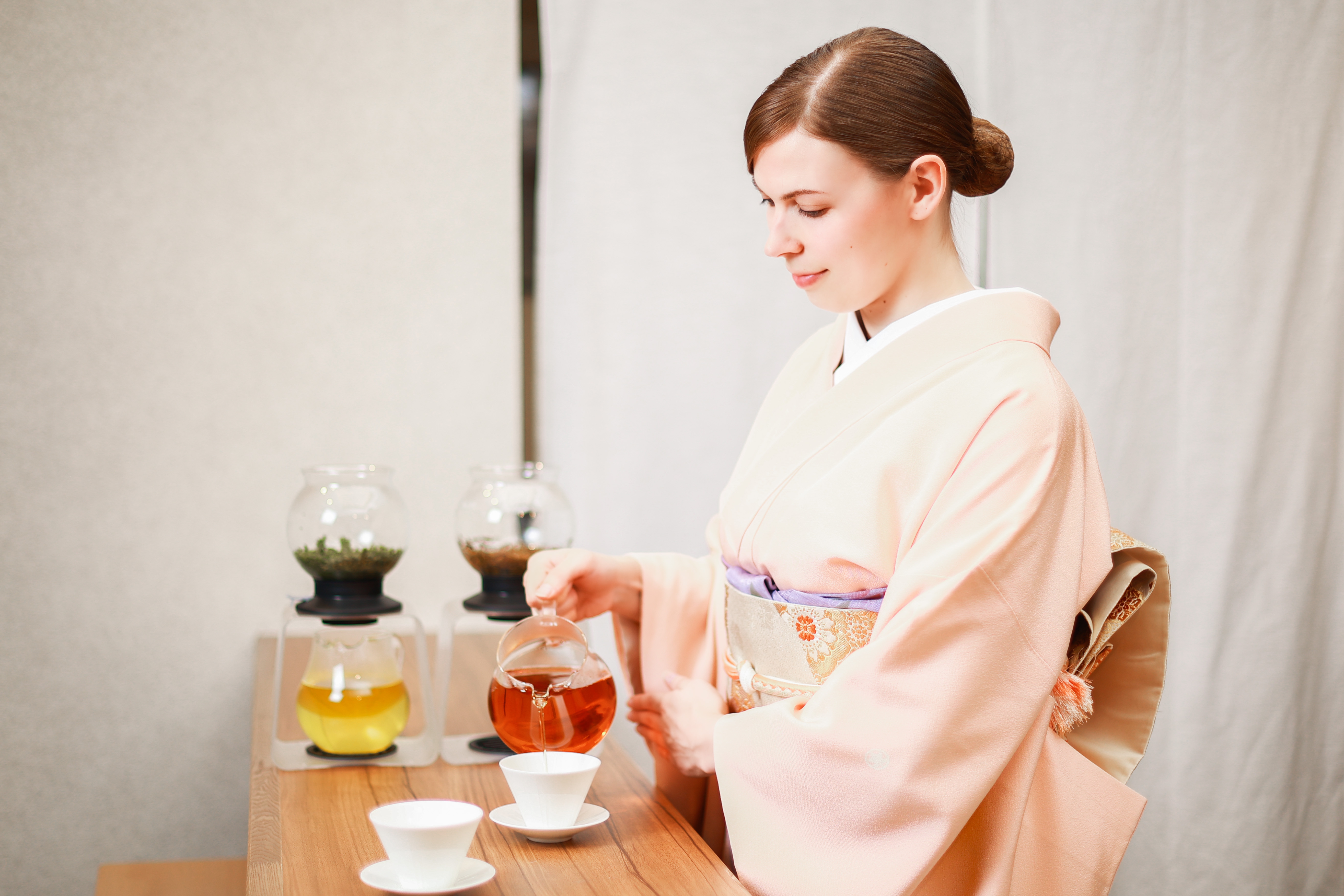 The author in kimono, preparing tea