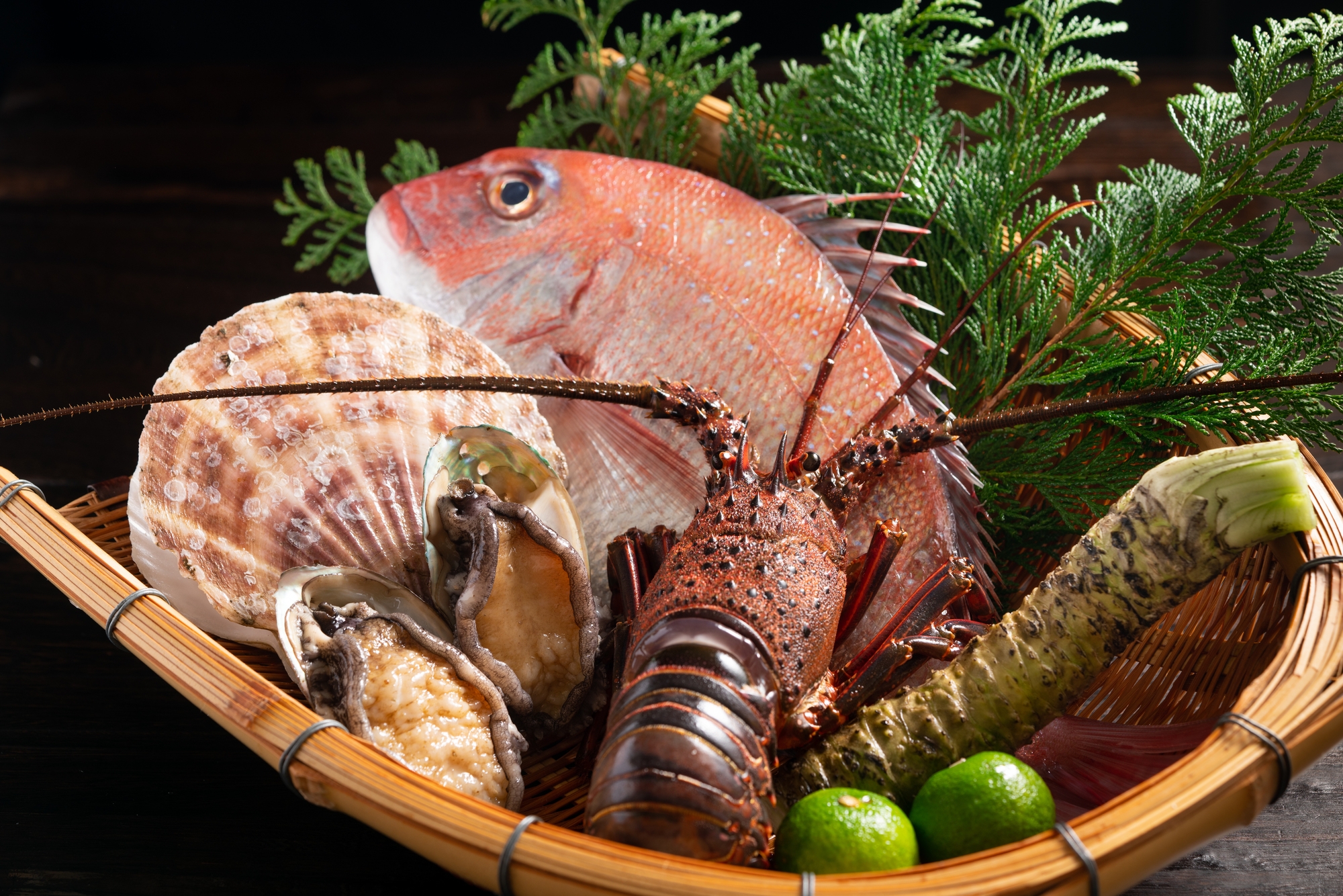 A wicker basket filled with fresh seafood