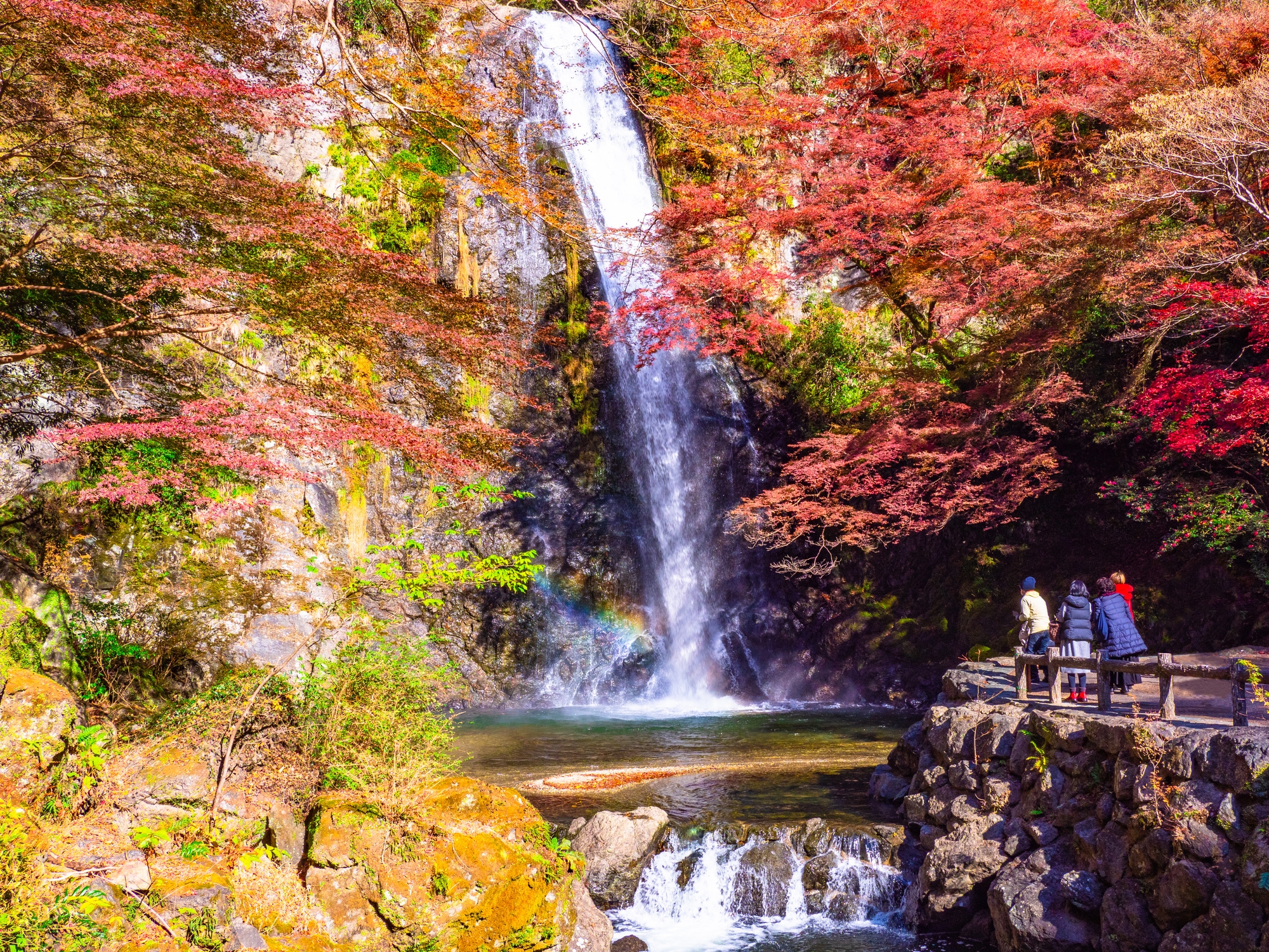 A small group of people viewing a waterfall surrounded by red foliage