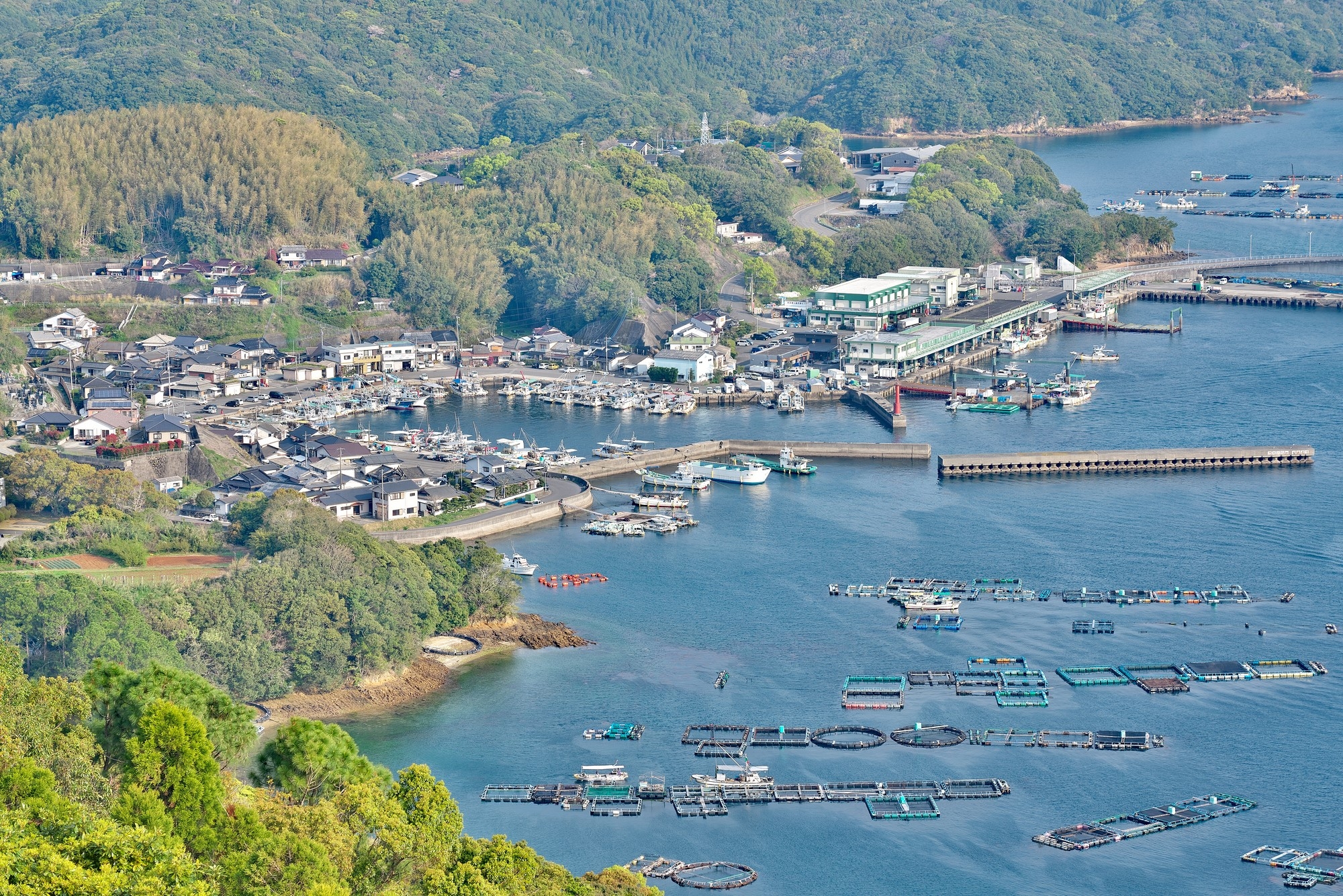 Aerial view of Nagashima, with fish farming pens