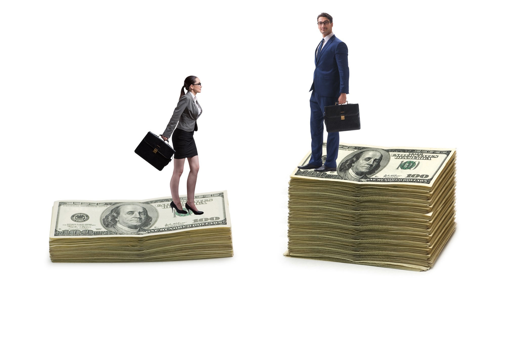 Graphic of a man and a woman standing on stacks of money of differing heights