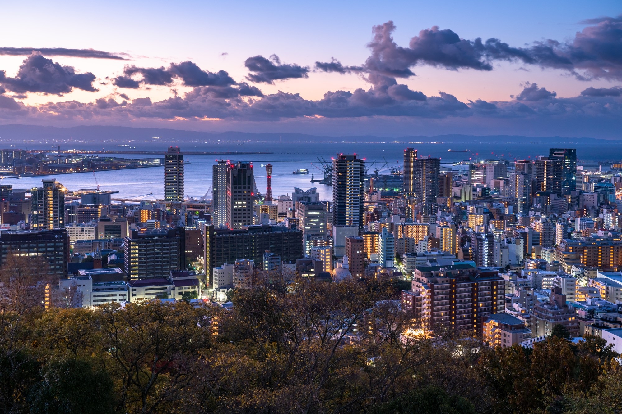 Aerial sunset view of Kobe, looking toward the harbor