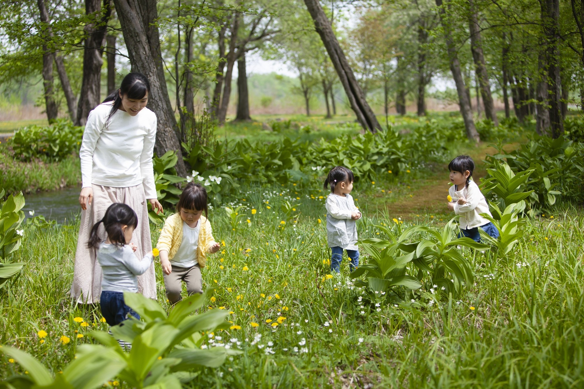 An adult and several children exploring wild plants