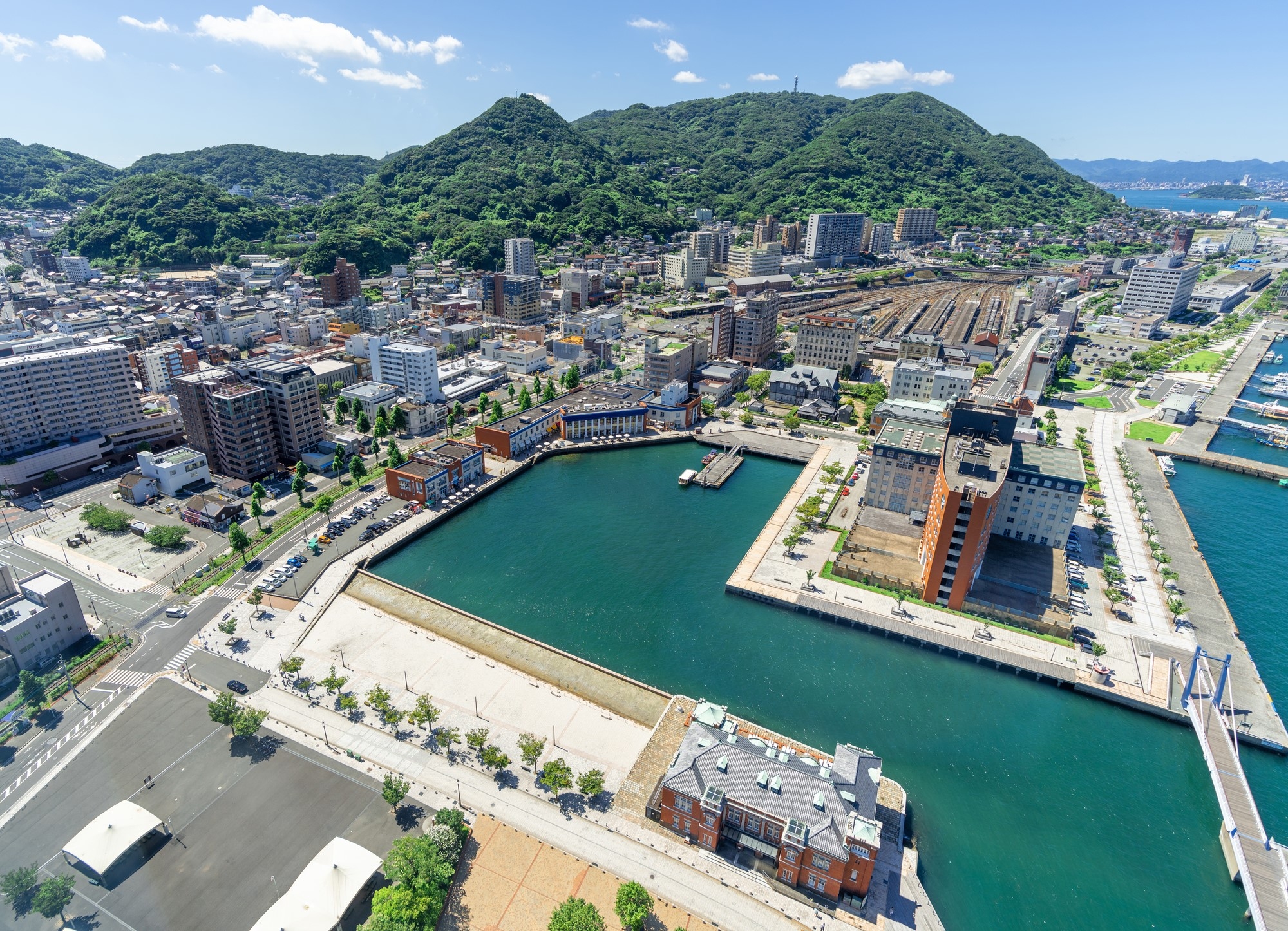 Aerial view of Kitakyushu, with Mojiko Station in the foreground