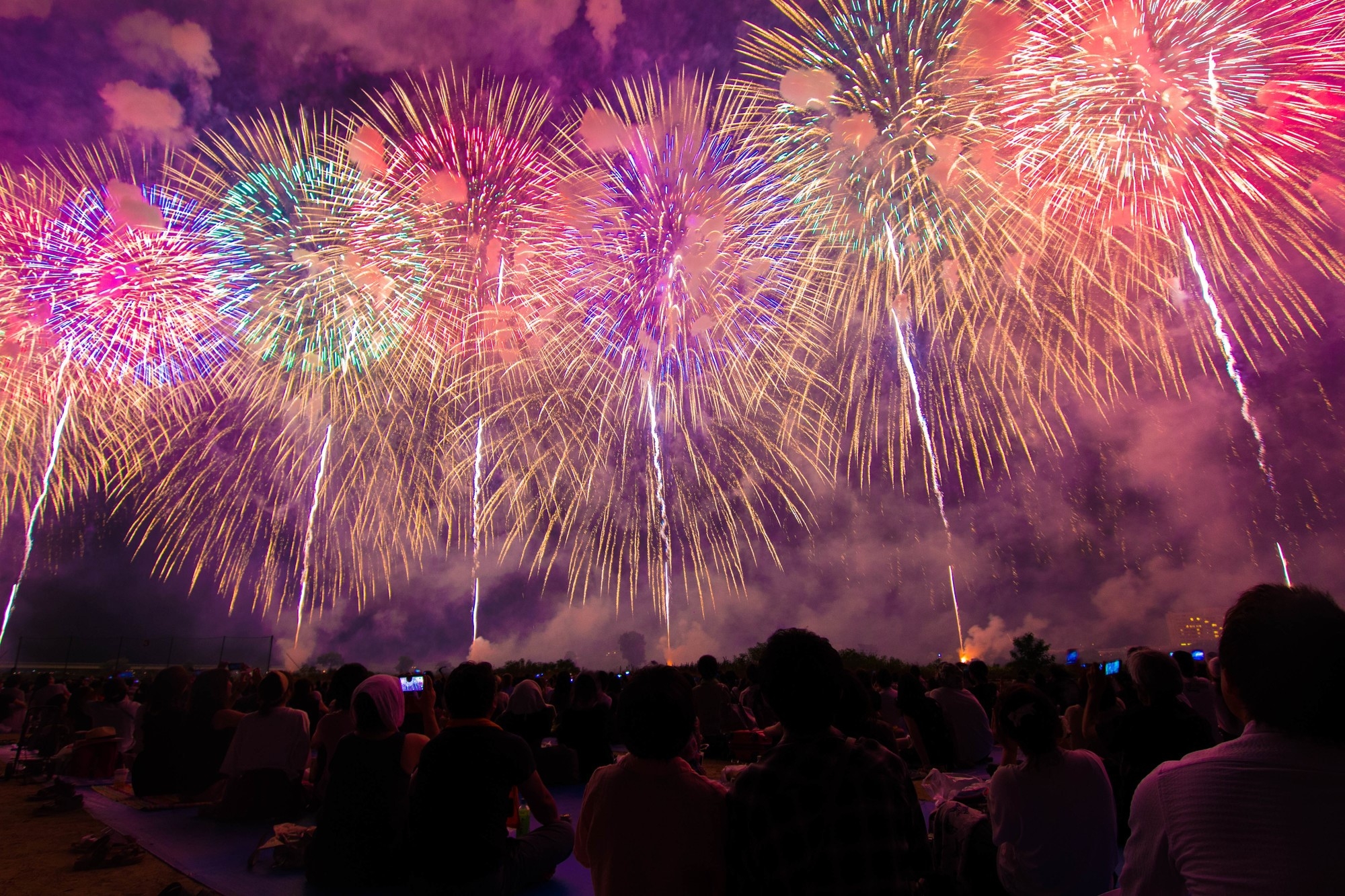 Big and colorful fireworks shooting in the sky