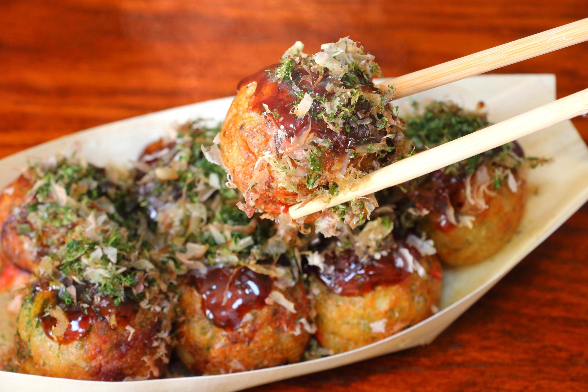 Osaka's famous food: Takoyaki (a fried dough ball with octopus filling)