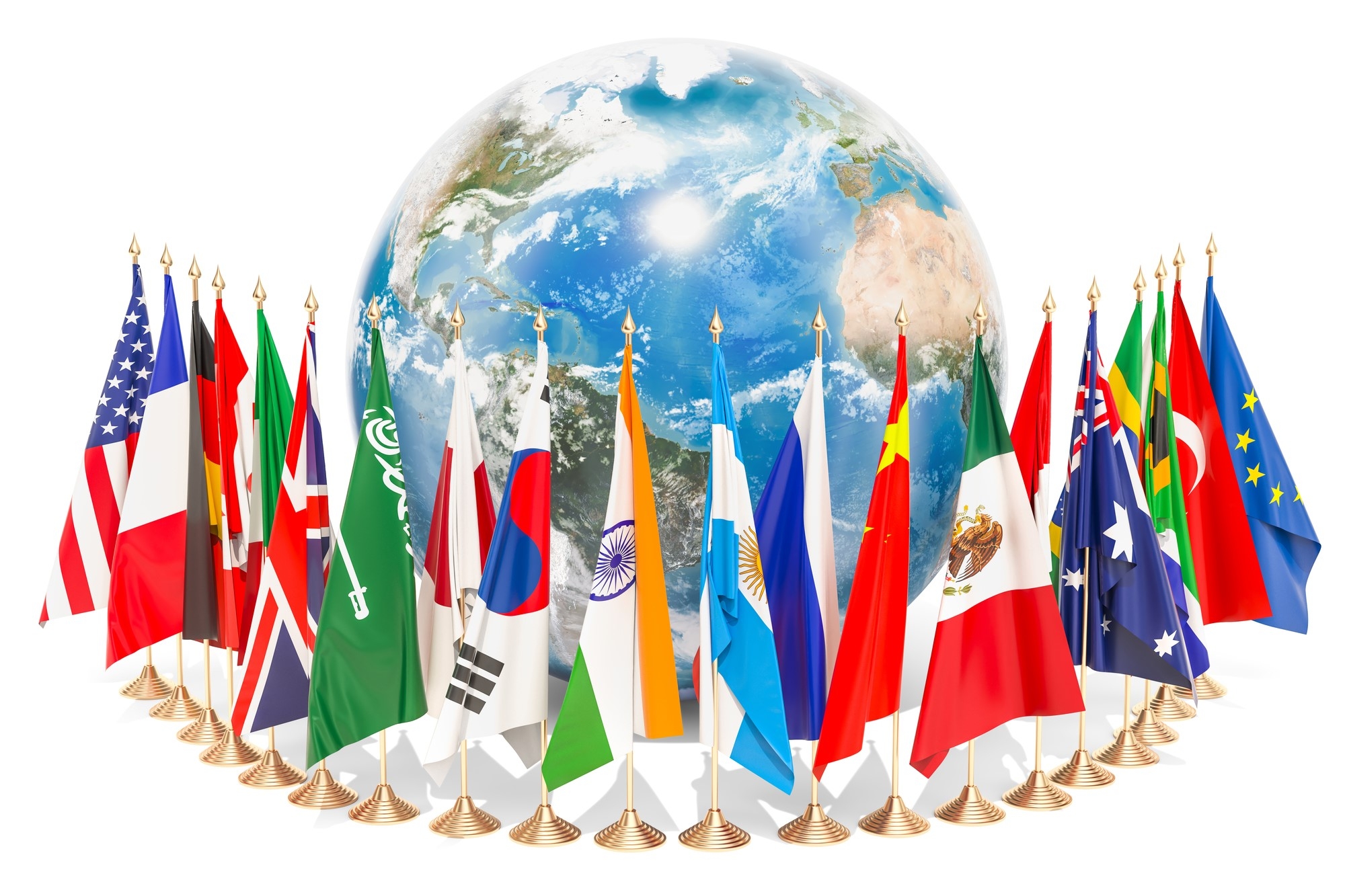 An earth globe and flags of each country