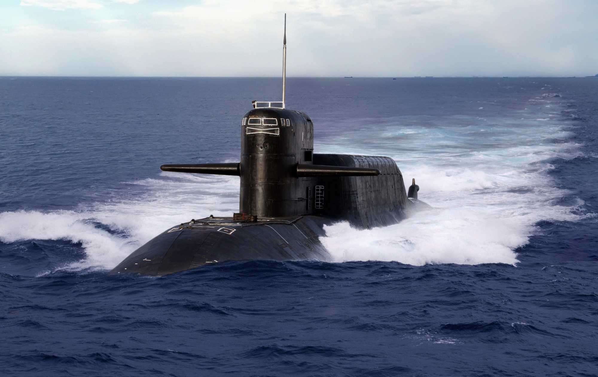 A naval submarine on an open sea