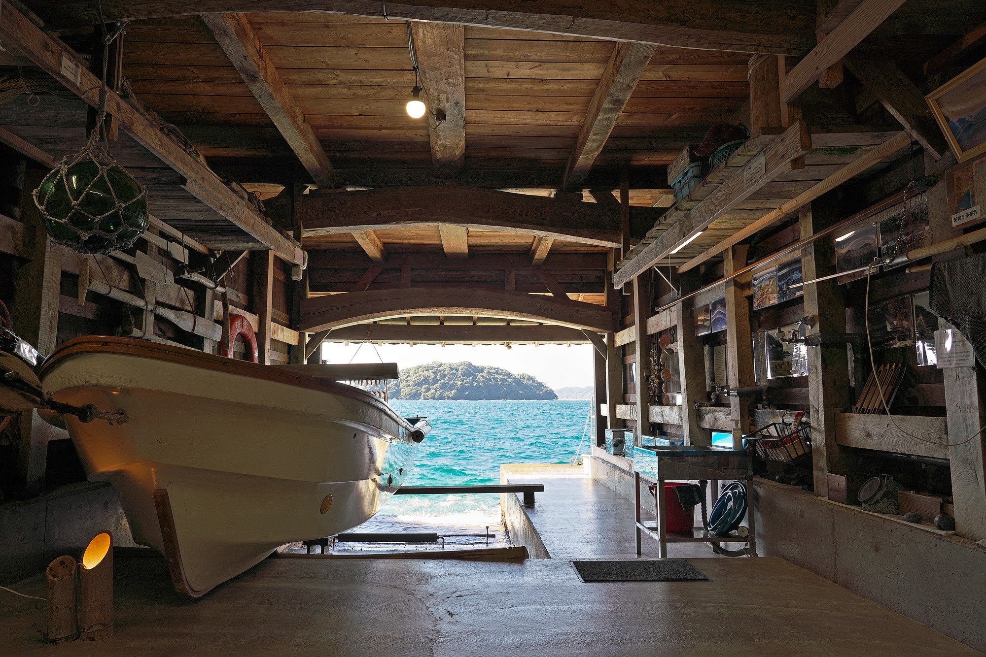 A boat placed in a wooden room