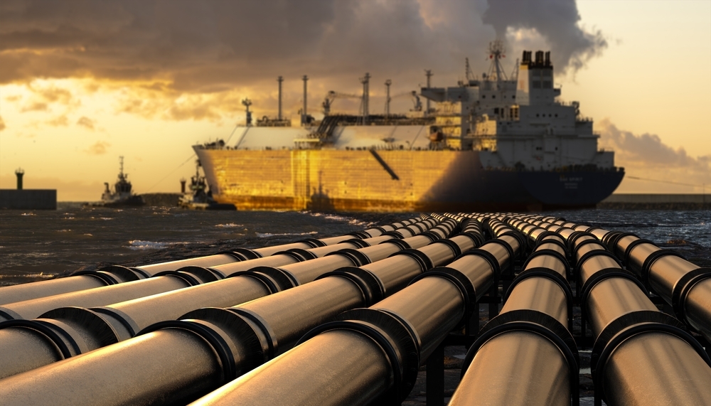 Pipes leading LNG from a terminal into a tanker