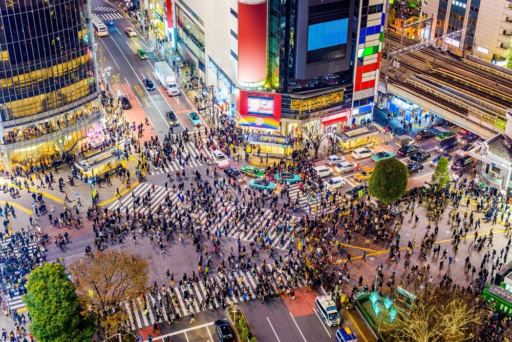 Busy crosswalk in Shibuya, Tokyo